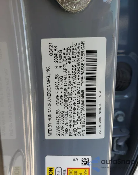 2021 Honda Accord Touring from USA, damaged, VIN 1HGCV2F96MA014549